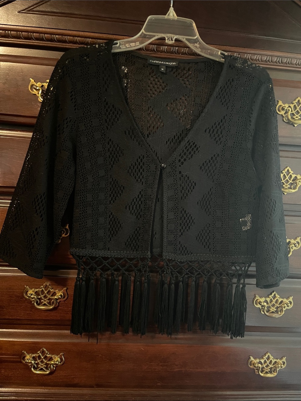 Cynthia Steffe Black Openwork Fringe Cardigan Sweater size medium